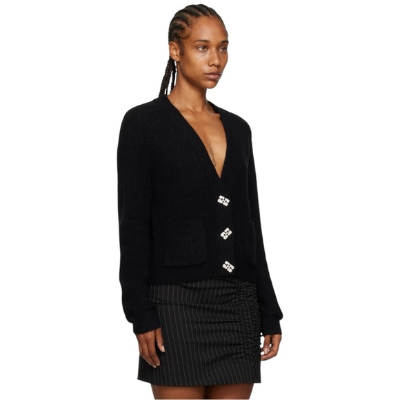 GANNI Black Crystal-Cut Diamond Button Wool Knit Loose Fit Cardigan Sweater Top - Picture 10 of 13